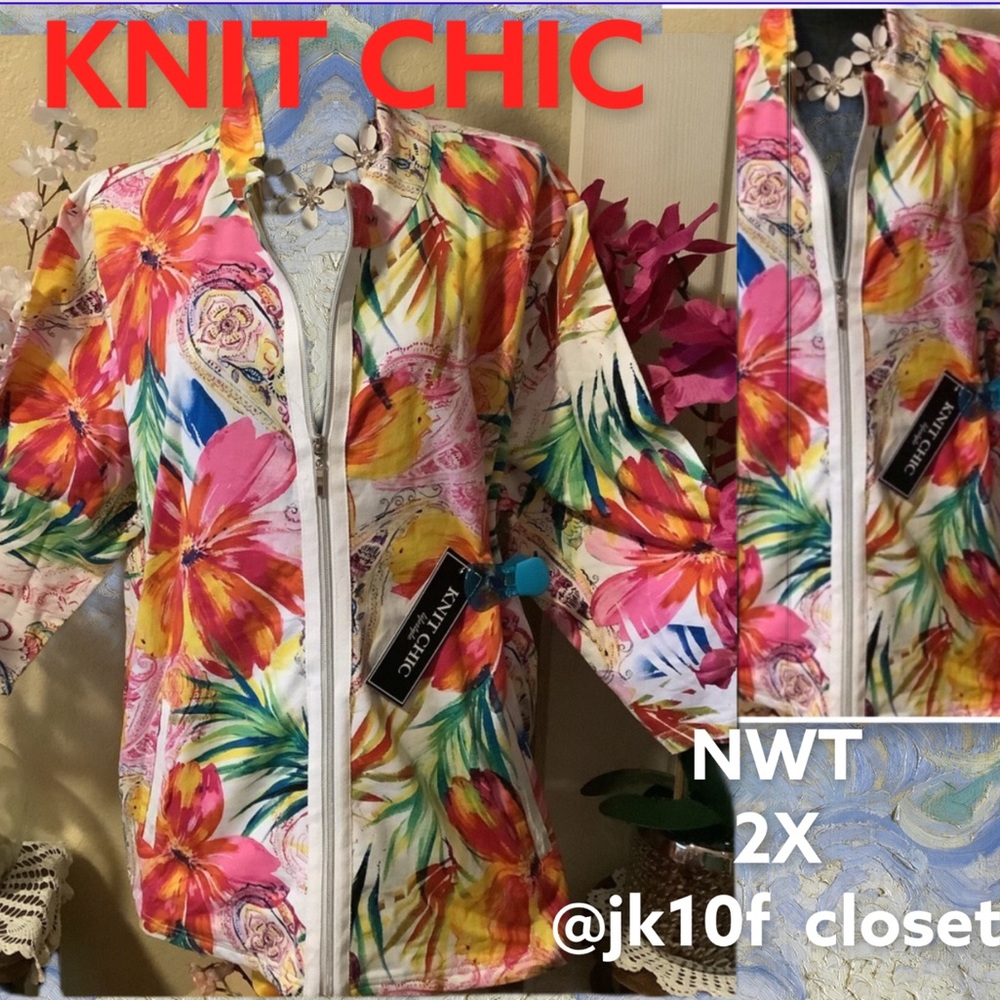 LOWEST🌺 NWT 2X COLORFUL TROPICAL FLORALS 100% COTTON ZIP FRONT TOP w/ POCKETS
